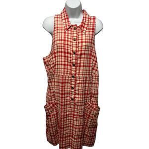 Maeve Women Button Dress XL Red Abstract Gingham Plaid Pockets Cottagecore Retro